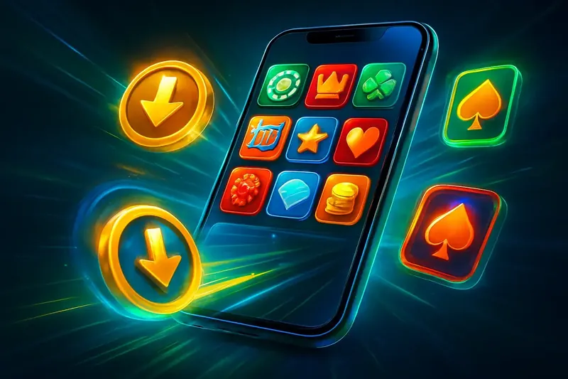 Glossy smartphone casino app banner with neon download icon and glowing tiles