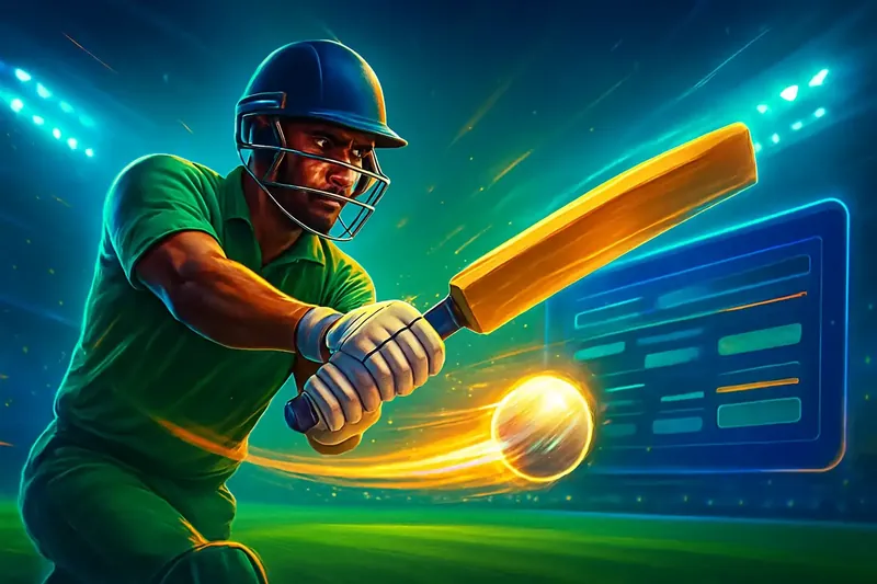 Cricket batter striking ball under stadium lights for sportsbook banner