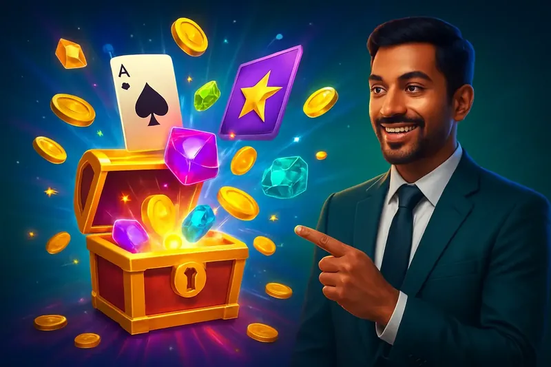 Glowing reward chest with cards, gems, coins, and stars bursting outward