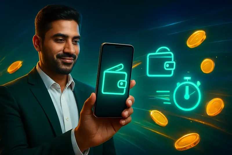 Hand holding smartphone with secure mobile wallet, coins, and speed light trails