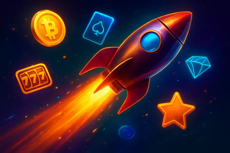Glossy rocket launch casino banner with neon trail and dynamic game particles