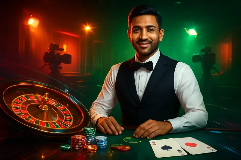 Friendly professional live dealer with roulette, cards, chips, and studio lights