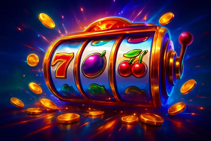 Colorful spinning slot machine reels with coins, sparkles, and neon casino glow